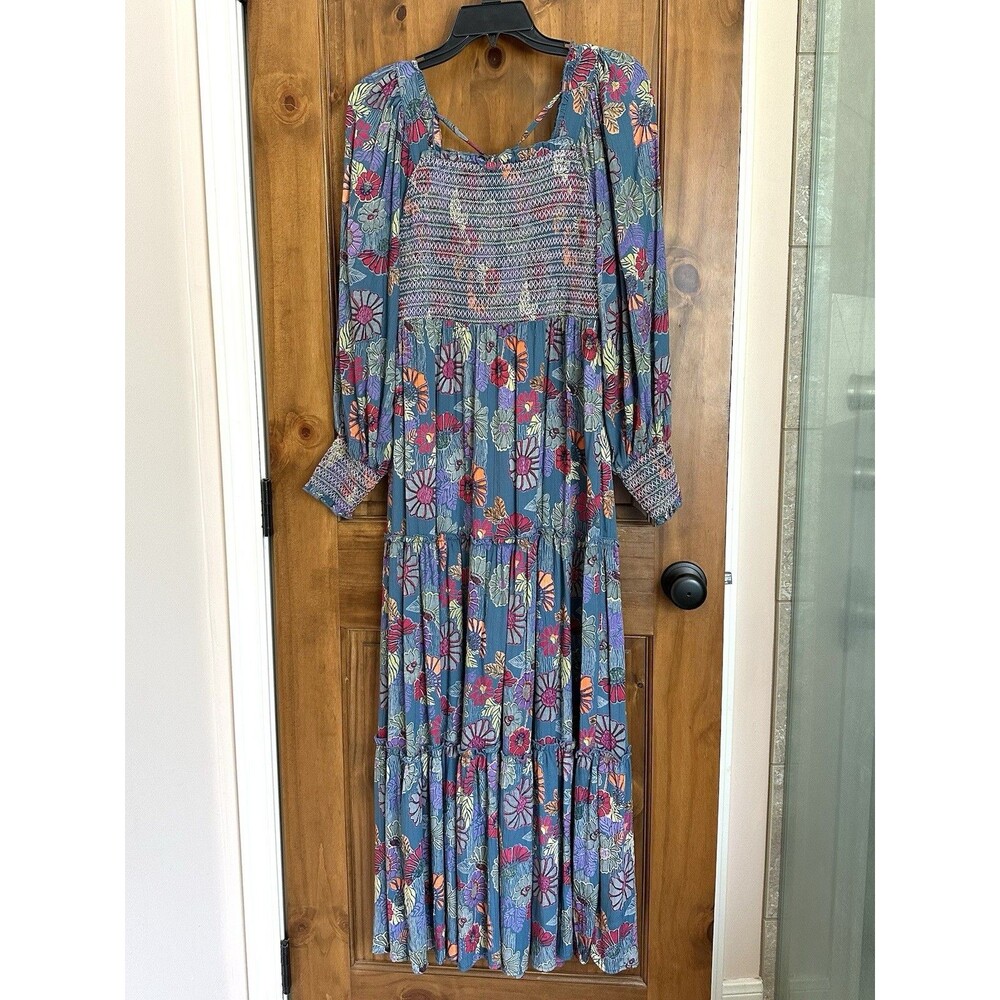 Gypsy Love Maxi Dress Med Tiered Balloon Sleeve Smocked Floral Mod Boho Peasant